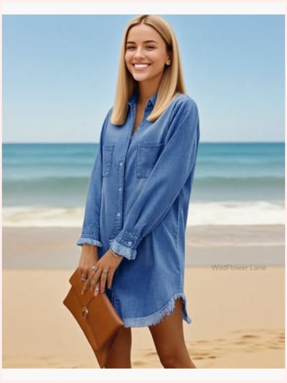 Long Sleeve Denim Shirt Dress with Pockets Button Down Tunic Top - Picture 5 of 7